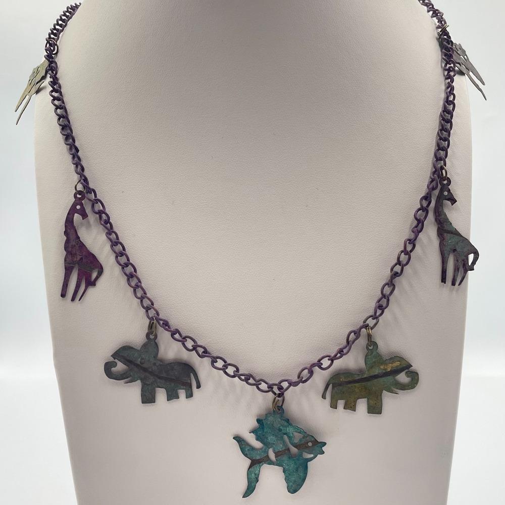 Vintage Verdigris Patina Animal Charm Necklace Purple Chain Giraffe Elephant